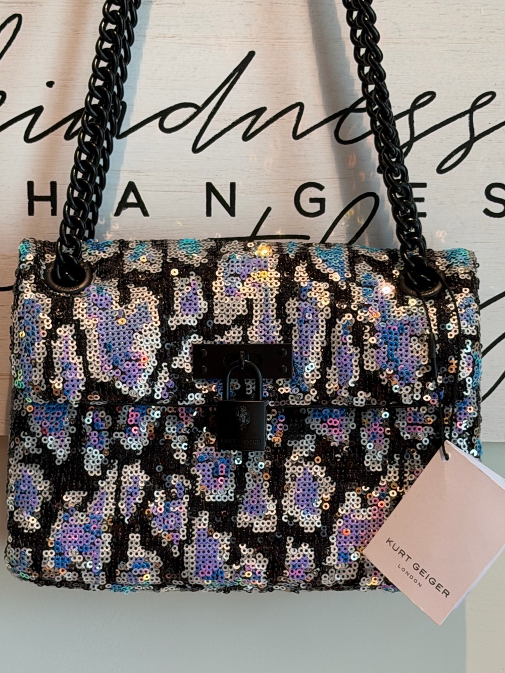 Kurt Geiger London RARE Mini Brixton Blue Leopard Sequin Chain Crossbody Bag NWT - Picture 9 of 13
